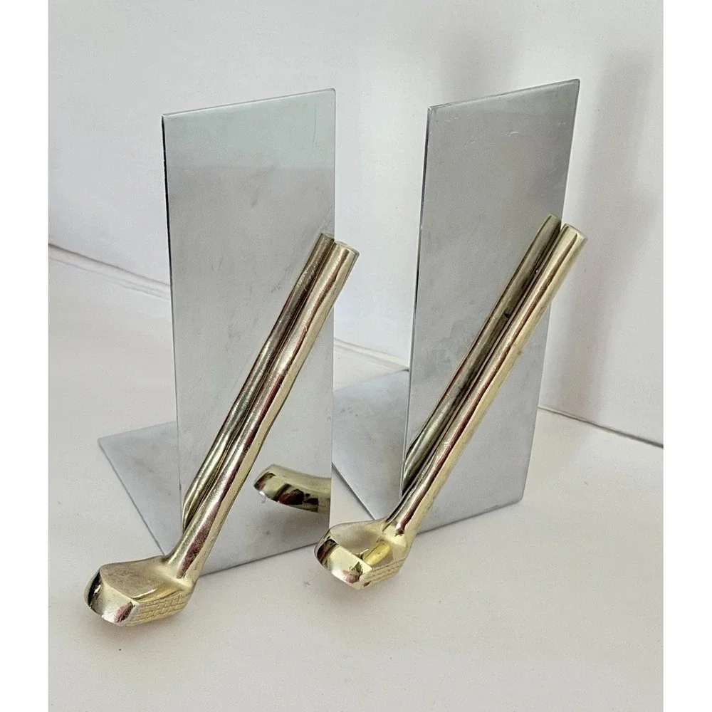 VTG MCM Chrome Golf Club Bookends Office Decor Silver Gold Metal Pair Retro Mod